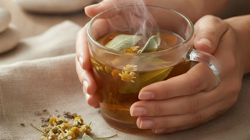 Mains tenant une tasse de tisane sauge et camomille, atmosphère zen et chaleureuse