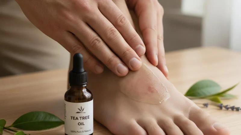 Mains appliquant de l'huile de coco avec tea tree sur une zone de peau, remède naturel contre la mycose de l'aine