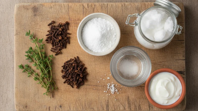 Ingrédients naturels contre la mycose buccale : bicarbonate, thym, clous de girofle, huile de coco, sel et yaourt nature en flat lay