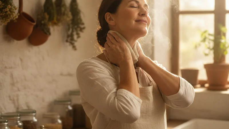 Femme appliquant un compress chaud sur la nuque pour soulager la névralgie d Arnold