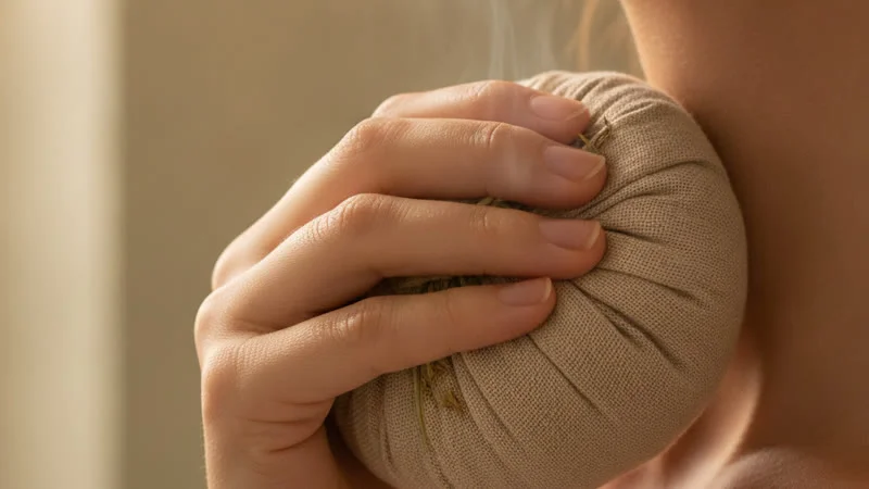 Gros plan mains appliquant un compress herbal sur la nuque pour la nevralgie d Arnold