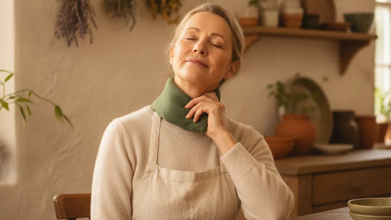 Femme appliquant une compresse chaude sur sa nuque pour soulager une névralgie cervicale