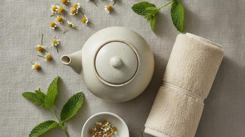 Tisane anti-crispation mélisse et camomille avec serviette chaude, remèdes naturels névralgie intercostale