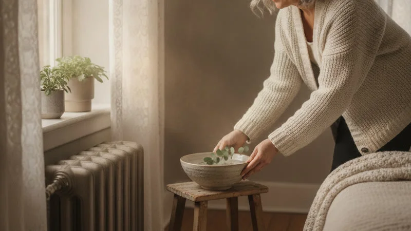 Femme posant un bol d'eau près du radiateur de sa chambre pour humidifier l'air et prévenir les saignements de nez