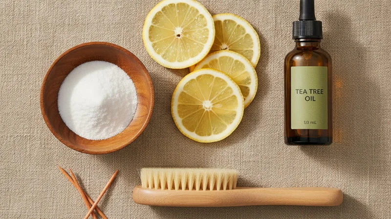 Ingrédients naturels contre les ongles jaunes : citron, bicarbonate, huile d'arbre à thé et brosse naturelle