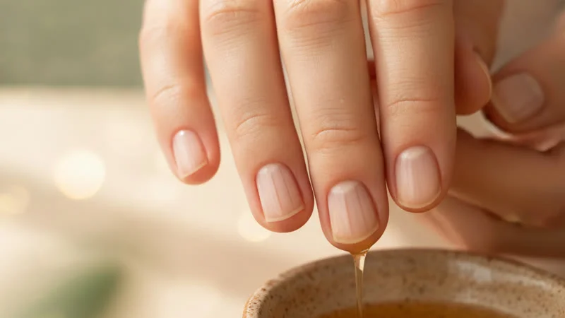 Massage d'huile d'amande douce sur des ongles striés pour les nourrir et lisser