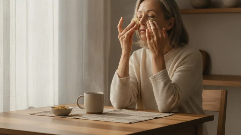 Femme appliquant une compresse chaude de camomille sur son oeil
