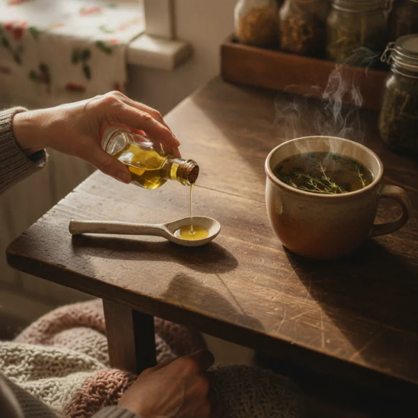 Femme préparant remède naturel otite - versant huile d'olive tiède dans cuillère, tisane de thym fumante