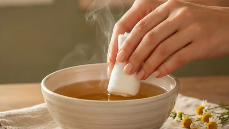 Gros plan de mains trempant une compresse dans un bol d'infusion de camomille tiède