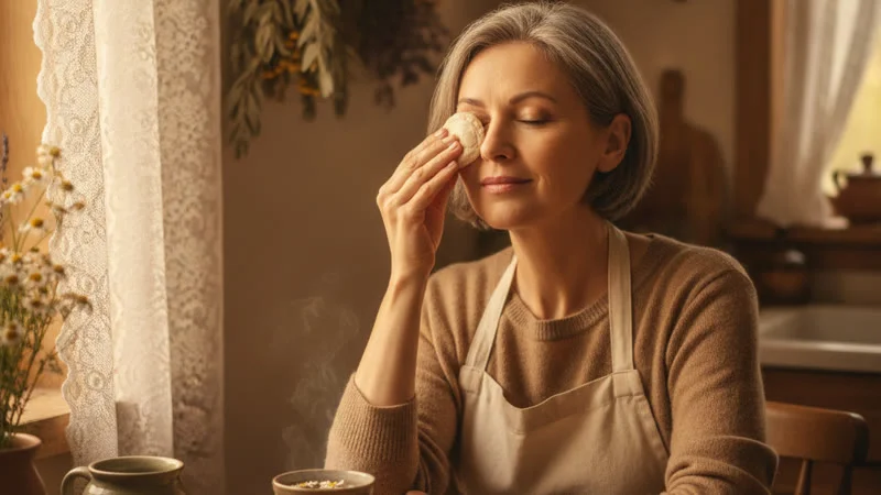 Femme appliquant une compresse de camomille tiède sur son œil fermé pour calmer une paupière qui saute
