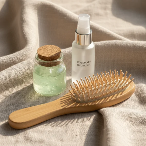 Protocole anti-pellicules : aloe vera, hydrolat de romarin et brosse en bois
