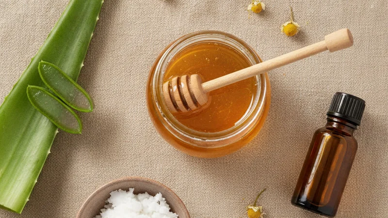 Remèdes naturels contre la perlèche : miel, gel d'aloe vera, huile de coco et camomille en flat lay