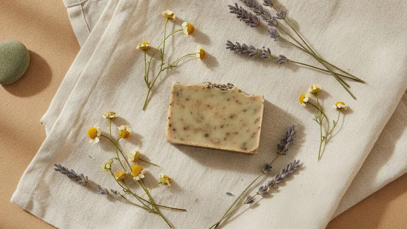 Fleurs de lavande et camomille, savon naturel et tissu en coton blanc sur surface boisée