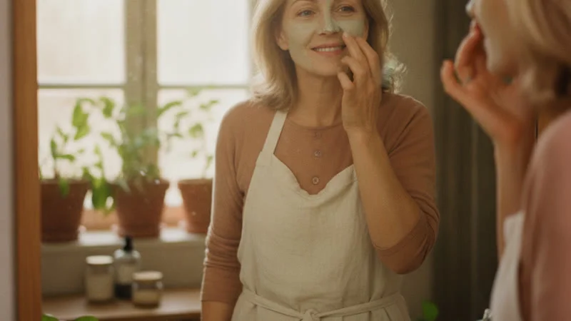 Femme appliquant un masque naturel a l'argile sur son nez dans une salle de bain lumineuse