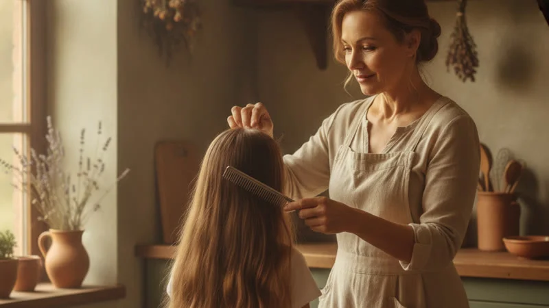 Mamie peigne finement les cheveux de sa petite-fille pour retirer les poux