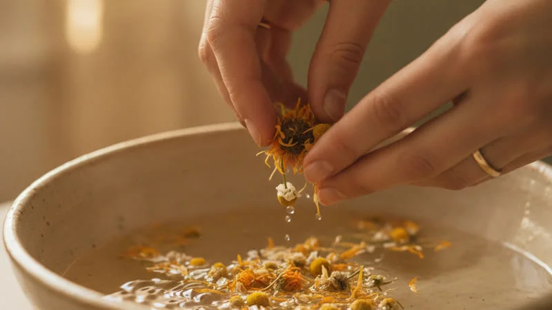 Préparation d'un bain de siège aux fleurs de calendula et camomille pour soulager le prolapsus