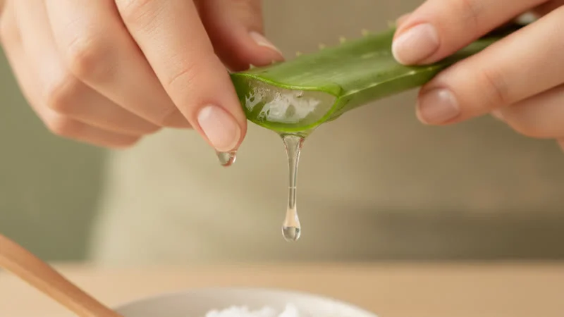 Feuille d'aloe vera fraîchement coupée avec gel transparent visible