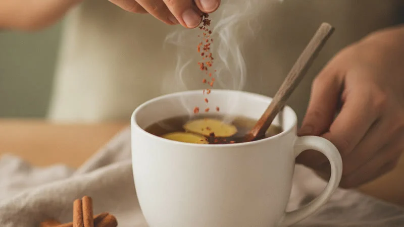 Gros plan de mains saupoudrant du piment de Cayenne dans une tisane au gingembre pour activer la circulation