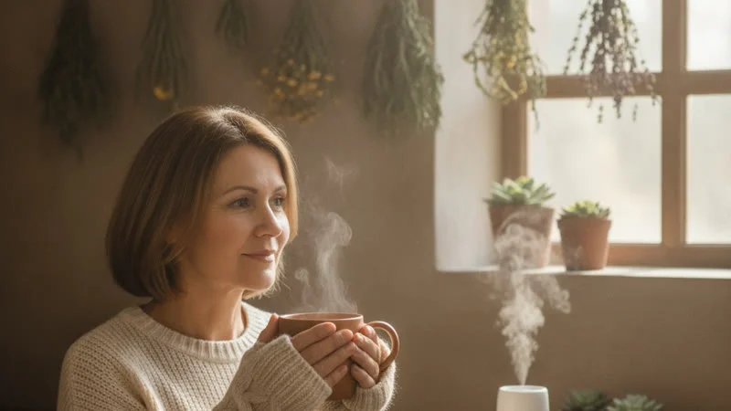 Femme portant des moufles sans doigts en laine tenant une tasse de tisane au gingembre pour réchauffer ses mains
