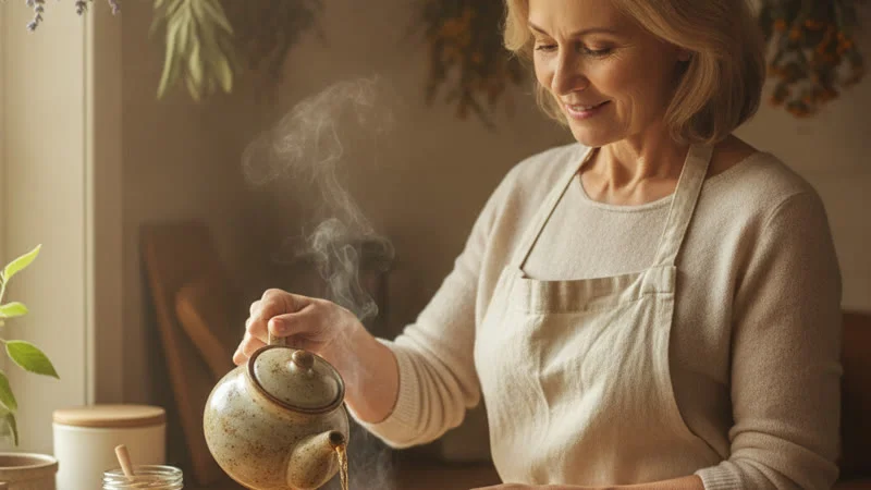 Femme versant une tisane camomille-gingembre pour soulager le reflux gastrique