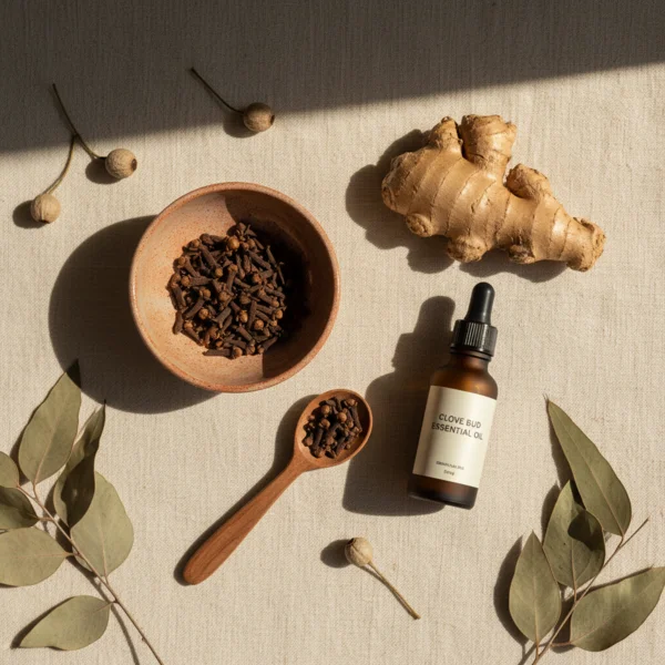 Remèdes naturels rage de dents : clou de girofle, gingembre et huiles essentielles en flat lay