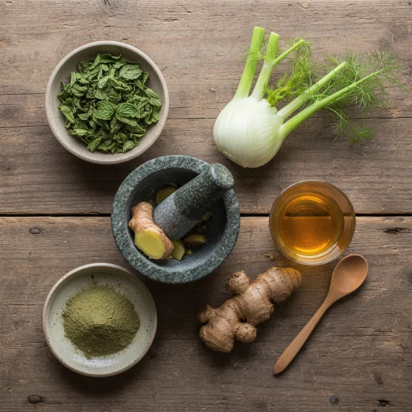 Remèdes naturels intestin irritable - menthe poivrée, fenouil, gingembre, argile