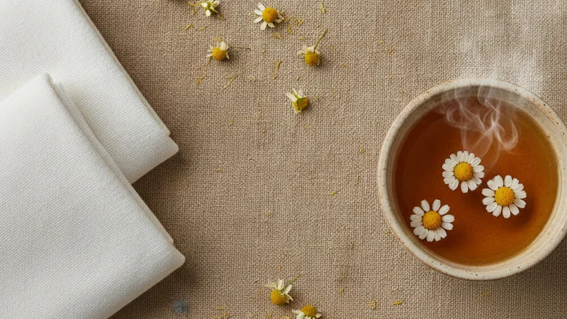 Fleurs de camomille, compresses en coton et bol d'infusion — remèdes naturels pour yeux secs