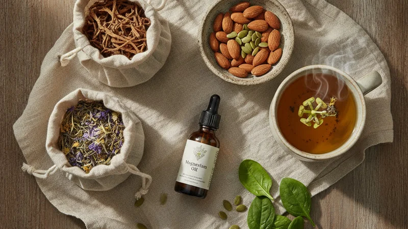 Flat lay de remèdes naturels contre le syndrome des jambes sans repos : huile de magnésium, amandes, graines de citrouille, valériane, passiflore, tisane camomille