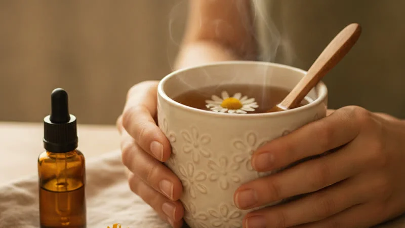 Tisane de camomille et framboise pour soulager le syndrome prémenstruel — geste de réconfort