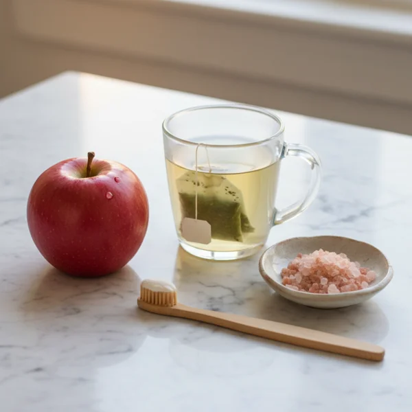Routine soins dentaires naturels : thé vert, pomme, bicarbonate, sel de l'Himalaya