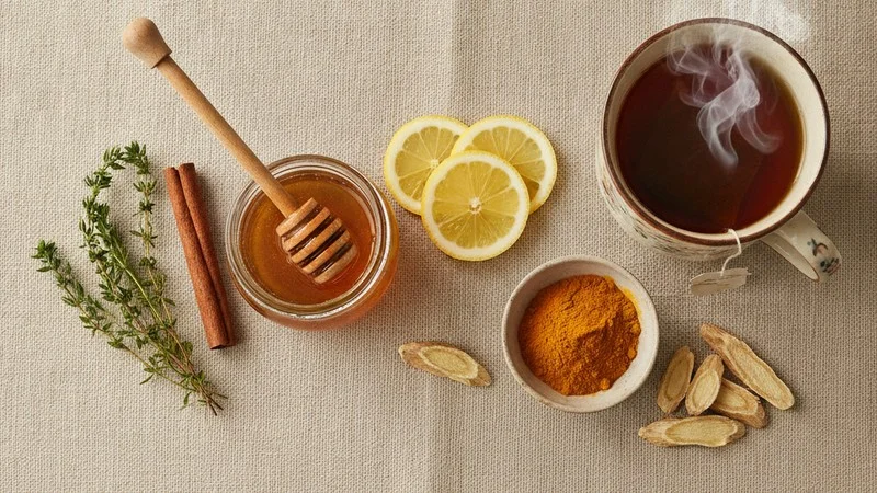 Ingrédients naturels contre la toux sèche disposés sur lin beige - miel, thym, citron et curcuma