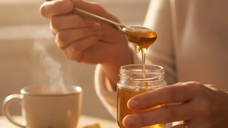 Gros plan sur des mains versant du miel naturel - remède de grand-mère contre la toux sèche