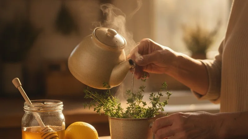 Femme préparant une tisane de thym au miel pour calmer la toux sèche