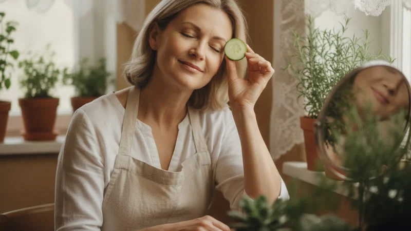 Femme appliquant des rondelles de concombre froid sur son visage pour apaiser la transpiration