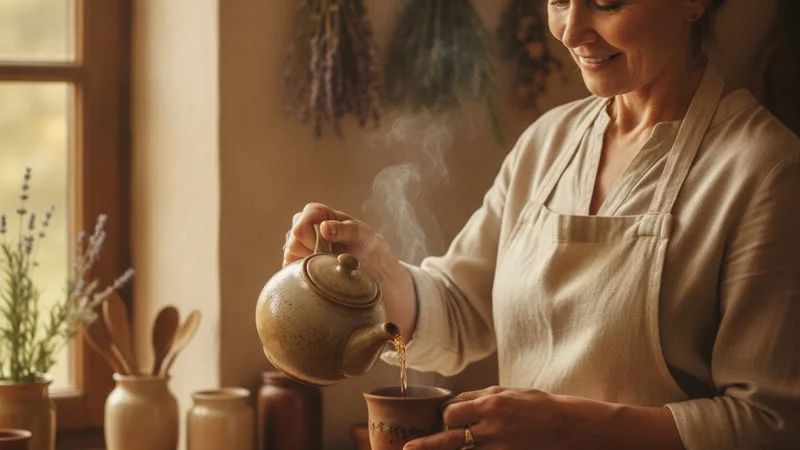 Tisane camomille-menthe versée par une femme dans une cuisine chaleureuse