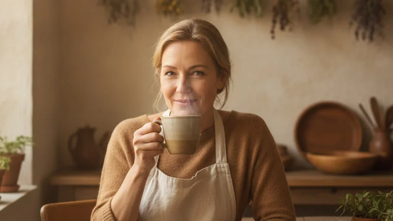 Femme dans sa cinquantaine sirotant une tisane au gingembre et citron dans sa cuisine chaleureuse, pour calmer un vertige