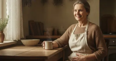 Femme dans sa cuisine buvant une tisane pour apaiser sa vessie hyperactive