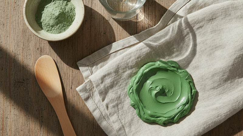 Cataplasme d'argile verte : poudre, eau et spatule pour préparer la pâte anti-inflammatoire