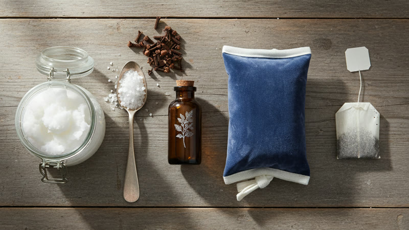 Le kit d'urgence de Mamie contre l'abcès dentaire : huile de coco, sel, clous de girofle, huile essentielle, poche de froid et sachet de thé