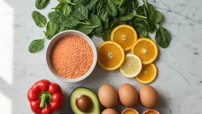 Aliments riches en vitamines : épinards, lentilles, agrumes et œufs sur une table de cuisine