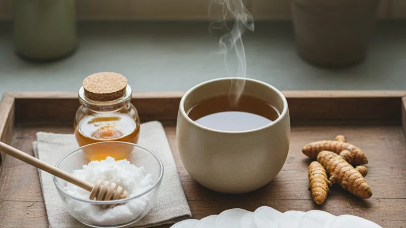 Protocole anti-aphte : tisane de sauge, miel et huile de coco disposés sur un plateau en bois
