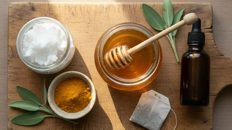 Remèdes naturels contre les aphtes : miel, huile de coco, curcuma et propolis sur une table en bois rustique