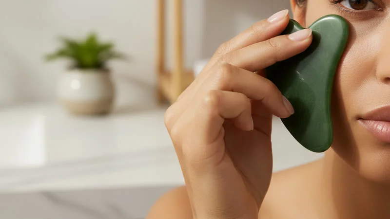 Massage gua sha du contour des yeux avec un outil en jade sur fond de lin naturel