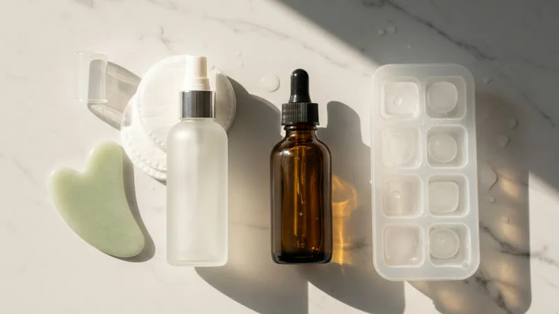 Routine matinale contour des yeux : huile, gua sha et cotons d'eau de rose sur une table de salle de bain