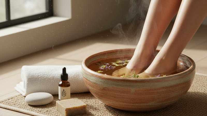 Bain de pieds relaxant dans un bol en céramique avec serviette et huile essentielle