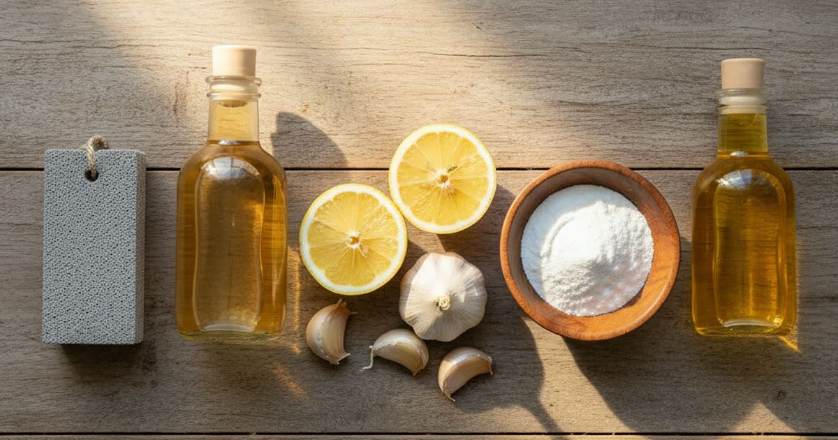 Ingrédients naturels pour soigner un cor au pied : vinaigre de cidre, citron, ail, bicarbonate et pierre ponce