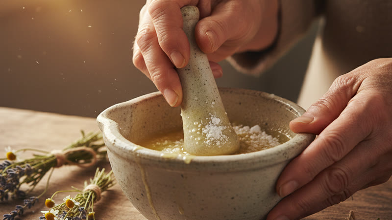 Préparation d'un remède naturel au mortier : aspirine écrasée et citron