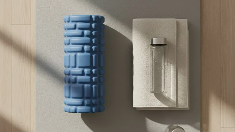 Rouleau de massage foam roller posé à côté d'une serviette et d'une bouteille d'eau sur un tapis de yoga