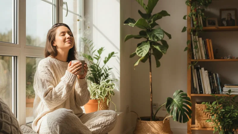 Femme sereine buvant une tisane près d'une fenêtre ensoleillée le matin