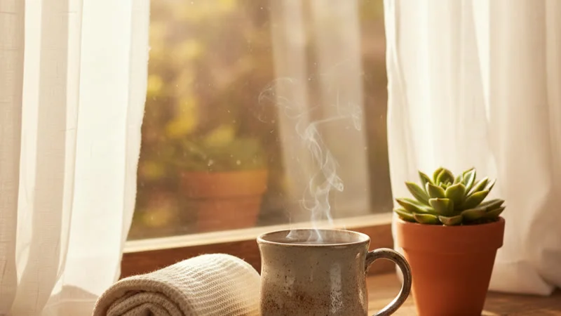 Routine matinale énergie : lumière du matin à travers une fenêtre, tasse de tisane et serviette sur un rebord